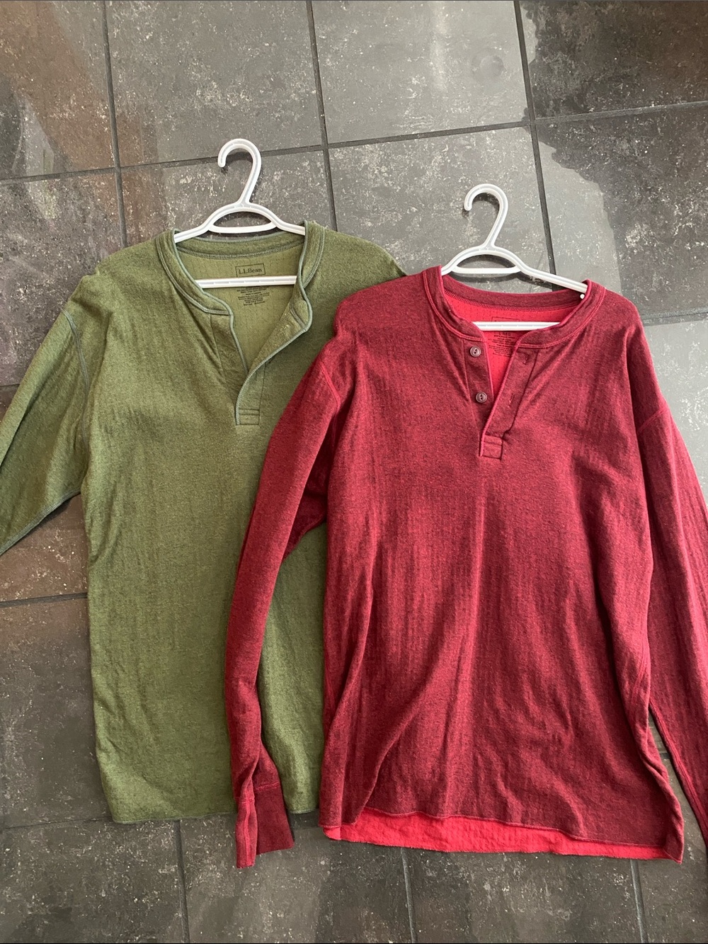 Two Pack L.L. Bean Olive Green and Maroon Henley Tops